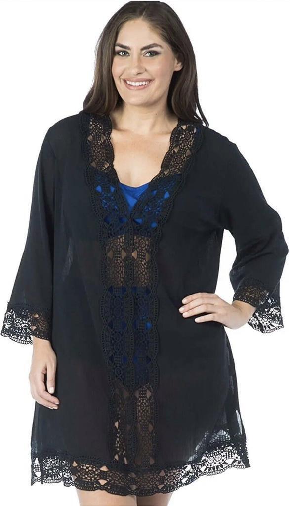 La Blanca Women's Plus-Size Island Fare V-Neck Tunic Cover Up Swimwear, Black 2X